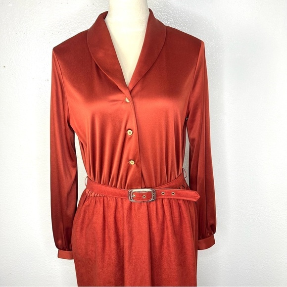 VINTAGE 1970s Sunshine Alley Secretary Dress Rust Orange Midi Matching Vest Vtg - Picture 2 of 13